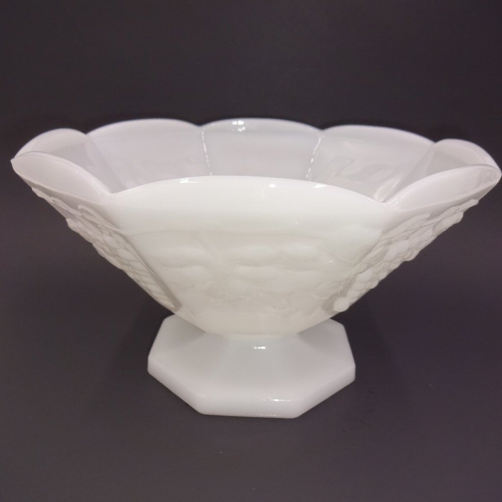 Vintage Anchor Hocking White Milk Glass Footed Bowl 9" x 5" Grapes Leaves Vines